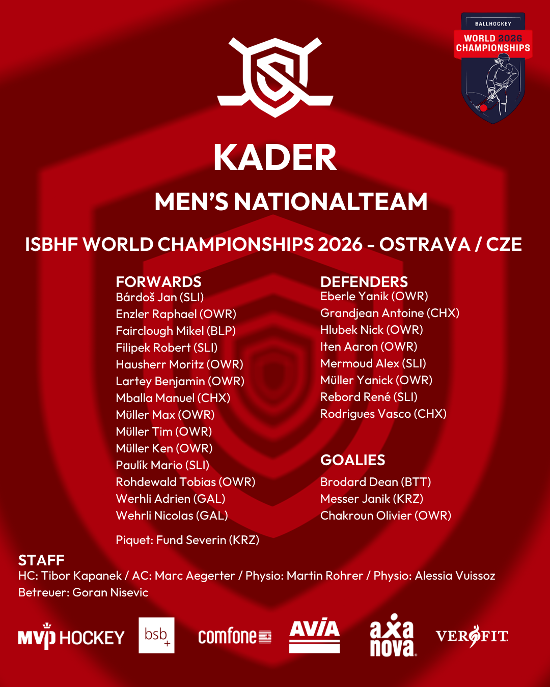 Finales Kader: Herren-Nationalteam bereit für die WM 2026 in Ostrava